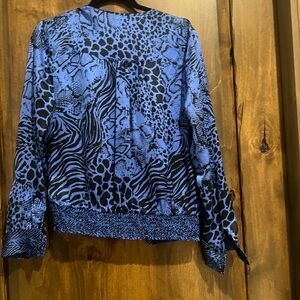 Cache Blue and Black Patterned Blouse NWOT